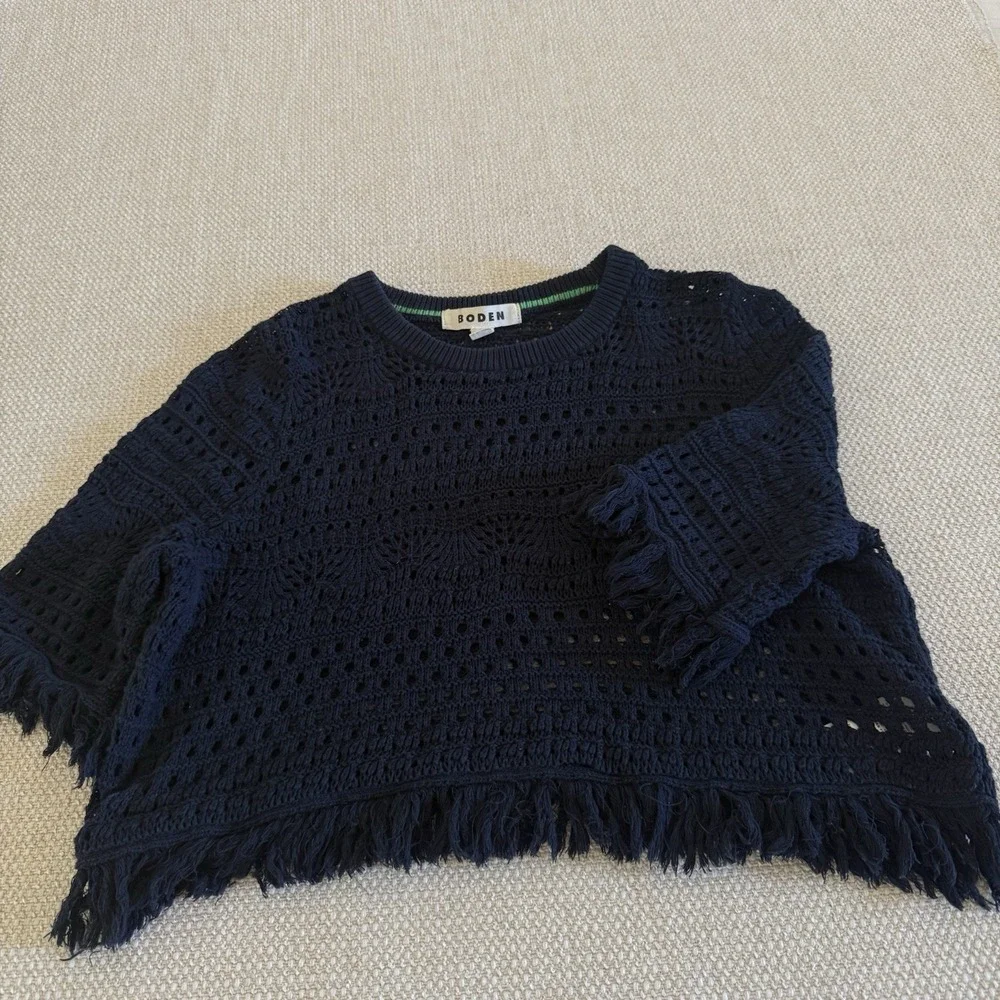 Boden Womens M‎ Crochet Knit Fringe Crop Top Navy Blue Cotton Boho Swim Cover